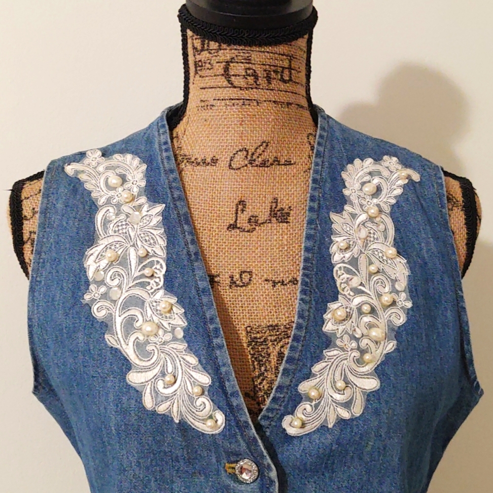 Vintage Norma Jean Denim Lace Applique Vest  Sz Small | Made In USA